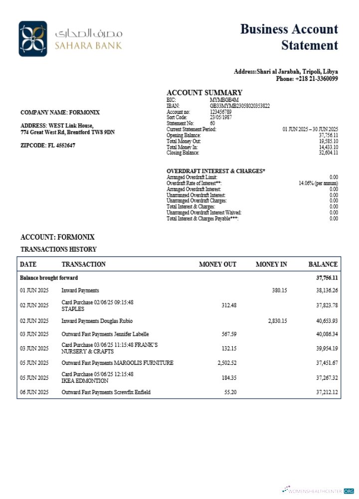 Download Sahara organization checking account statement Word and PDF template (1) Photoshop template